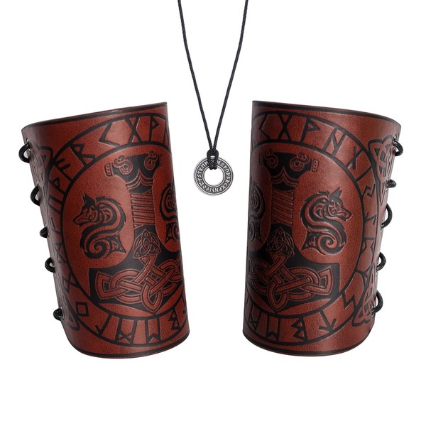 Eigso 1 Pair Brown Leather Embossed Viking Symbol Armband Armor