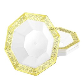EcoQuality 14oz Gold Octagon Plastic Bowl - Elegant Disposable Serving Bowl for Weddings, Parties, and Special Events - Durable, Stylish, Reusable Tableware - Perfect for Catering and Buffets (20)