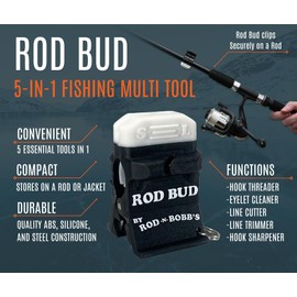 Rod Bud™ - The Ultimate 5 in 1 Fishing Tool, Perfect for Ice, Fly and Summer Fishing! - (Line Cutter, Hook Eyelet Threader, Hook Eyelet Cleaner, Line Trimmer, Hook Sharpener)