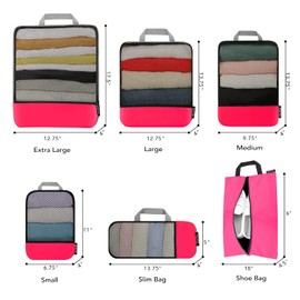 Eono Compression Packing Cubes, Luggage Organiser Set, Extensible Suitcase Organiser, Packing Organisers for Suitcases, Packing Cubes for Travel or Home Storage - Fushcia, 6 Set