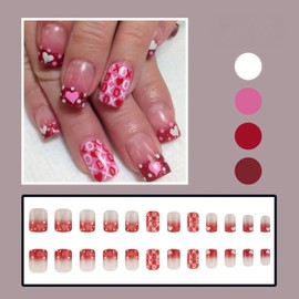 Square Press on Nails Short Red Glitter French Tip Fake Nails Pink Heart Acrylic Nails Polka Dots Press ons Cute Valentines Heart Strawberry Pink Full Cover Glue on Nails Acrylic Nails for Women 24Pcs