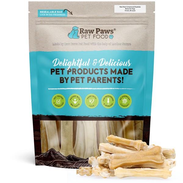 Raw Paws 4-inch Compressed Rawhide Bones for Dogs, 20-Count - Packed in USA - Small Dog Bones - Puppy Bones - Long Lasting Dog Chews - Natural Pressed Rawhides - Raw Hide Bones
