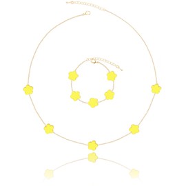 Qinpan Four Leaf Clover Necklace and Bracelet Set for Women Lucky Flower 14K Gold Jewelry, Yellow Gold, Chalcedony