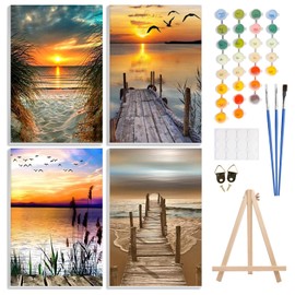4 Pack Paint by Number Kits for Adults with Framed Canvas&Wooden Easel, DIY Adult Painting by Number Kit Oil Acrylic, Sunset Beach Painting Kit for Beginners, Arts and Crafts for Home Decor 8x12inch