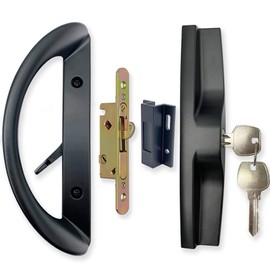 ALLYWASAI Patio Sliding Door Handle Set with Mortise Lock, Key Cylinder and Keeper, Replacement Handle Lock Set Fits Door Thickness from 1-1/2" to 1-3/4", 3-15/16" Screw Hole Spacing, Keyed, Black