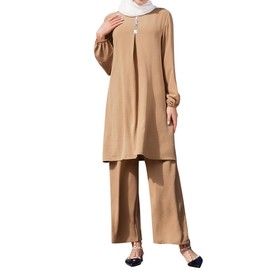 Women's Muslim Suit Two-Piece Long Sleeve Sequin Top Tunic Blouse Wide Leg Pants Suit Islamic Two Piece Outfits Women's Muslim 2 Pieces Sets Muslim Outfits for Women Two Piece Prayer Dress Khaki L