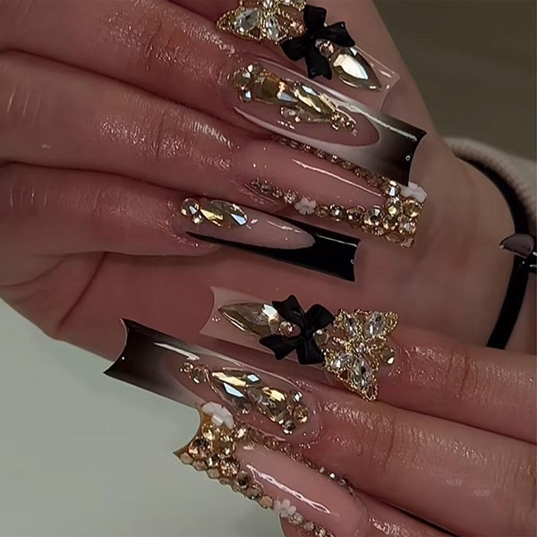IMRAIN Press on Nails Long Square Fake Nails Rhinestone French