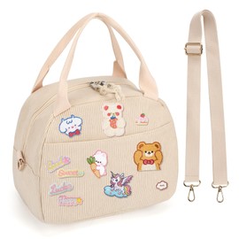 Lunch Bag Women with Shoulder Strap【Large Capacity】【Strengthen Insulation】【Durable ＆ Waterproof】 Corduroy Lunch Tote Bag, Reusable Insulated Lunch Box/Cooler for Women/Girl/Men, Beige+Sticker