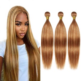 Honey Blonde Bundles P27/30 Straight Human Hair Highlight Light Brown Bundles Human Hair Healthy and Soft Remy Hair Extensions 18 20 22 inch