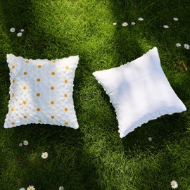 GIGIZAZA Pack of 2 White Pillow Covers 20x20, Floral Decorative Throw Pillows Cute Daisy Farmhouse Covers for Couch Faux Fur Flower Pattern Pillow Cases Embroidered Living Room Cushion Covers