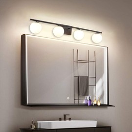 YHTlaeh New Bathroom Vanity Light Fixtures Matte Black Milk White Globe Glass Shade 4 Lights Modern Wall Bar Sconce Over Mirror(4 lights-35.43inch)