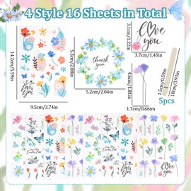 WANDIC 16 Sheets Rub On Transfer Stickers, Aesthetic Decor Scrapbook Sticker for Scrapbook Journal Planner Album DIY Ctaft (Flower Theme)