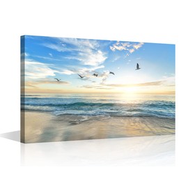 Framed Wall Art Canvas Ocean Decor Beach Bedroom Sunset Ocean Seagulls for Interior Bathroom Wall Décor Scenery Bed Dining Room Decorative 8x12inch (20x30cm), Seaside-02