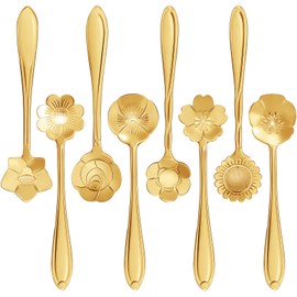 Maitys 16 Pieces Stainless Steel Flower Coffee Spoon Dessert Sugar Ice Cream Stirring Tea Spoon Set for Tableware Kitchen, Cafe or Bar(Gold)