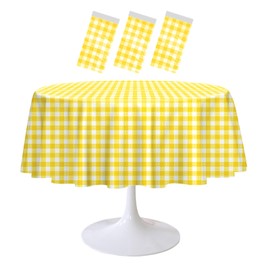 RINDOJIN 3 Pack Yellow Gingham Tablecloth Round 84 x 84 Inch Round Plastic Checkered Table Cloth Disposable Plaid Table Cover for Picnic Party Birthday Wedding Baby Shower Circle Yellow Tablecloth