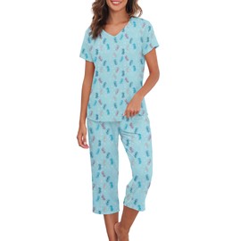 American Trends Pajama Sets for Women Cotton Sleepwear Short Sleeve Top with Pants Soft Loungwear Ladies 2 Pcs PJ Set Blue Butterfly L