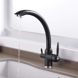 Kitchen Faucet 3 Way Water Filter Tap Brass Hot and Cold with Direct Drinking Water Purification Water Outlet Rotary Double Switch Kitchen Water Purification Sink Faucet-Golden (Color : Gold)