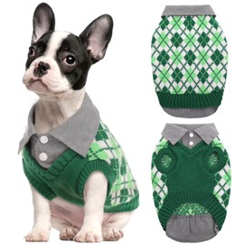 Kuoser Plaid Dog Sweater Warm Clothes, Patchwork Design Pet Dog Knitwear Classic Pullover Puppy Coat Cold Weather Sweatshirts with Leash Hole for Small Medium Cats Dogs (M, Green)