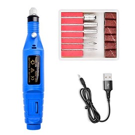 Portable USB Electric Nail Drill Machine – Professional Nail File for Acrylic and Gel Nails, Manicure & Pedicure. Nail Art Polishing Tool with 6 Nail Drill Bits Sanding Bands Dust Brush, Compact Nail Drill Kit (Red/Black/Pink/Blue/White) (Blue)