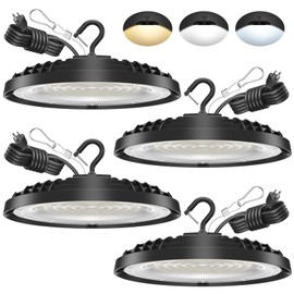 4 Pack 150W UFO LED High Bay Light, Adjustable Wattage 150W/110W/75W, 3-Color Temperature (3500K/5000K/6500K), 21,000LM, 120VAC, Plug & Play LED Shop Lights Fixture for Warehouse, Garage, Factory