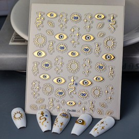 Metallic Nail Art Stickers, Four-Pointed Star Nail Decals Embossed with Gold Eyes Snake Star Design 5D Nail Stickers Relief Nail Art Supplies Nail Adhesive Stickers for DIY Nails Decoration
