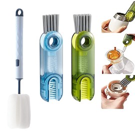 HLLYLL 2+1 Cup Brush, Multifunctional Cup Lid Gap Cleaning Brush Set, Baby Bottle Cleaning Tools, Long-Handled Sponge Brush, Home Kitchen Cleaning Tools (3Pcs)