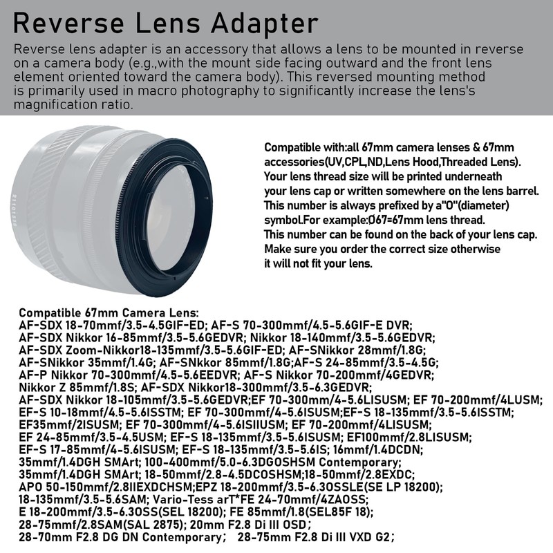 67mm Macro Lens Reverse Ring Compatible with for Nik-F D300,D300S,D700,D800