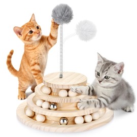3BAO Large 2-in-1 Wooden cat Toy Tower with Spring cat Toy Stick, Indoor Interactive Track Ball and Bell Toy for Kittens - Puzzle Solving, Exercise and Play