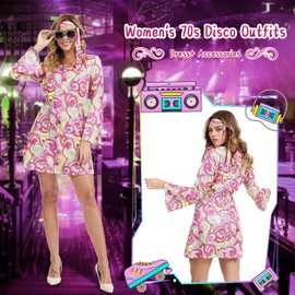 70s Disco Outfits Hippie Clothes Dress,7 PCS 70s Outfits Costume for Women Necklace Earrings Glasses Bracelet and Waist Chain (Pink, Large)