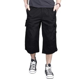 MAGNIVIT Mens Capri Long Twill Elastic Cargo Shorts Below Knee 3/4 Cargo Shorts Cotton Relaxed Fit Casual Multi-Pocket Black 34
