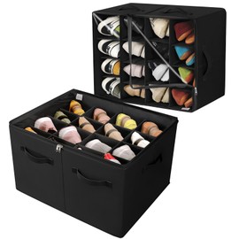 TOPIA HOME Shoe Organizer for Closet 2 Pack, Foldable Shoe Box with Adjustable Dividers and Clear Cover, Space Saving Shoe Storage Organizer Cabinet with Reinforced Handles, Fits 32 Pairs, Black TP12B