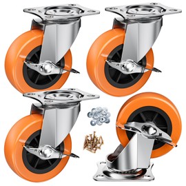 3 Inch Casters, ASHGOOB Caster Wheels with Side Brake, Locking Casters Set of 4, Industrial/Furniture Swivel Plate Caster Wheels for Workbench and Carts, Orange Polyurethane (PU) Castors (4 Pack)