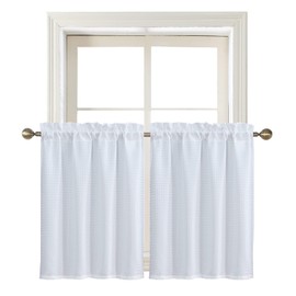 Home Queen White Water Resistant Bathroom Window Curtain, Waffle Textured Half Tier Curtains for Kitchen Cafe, 28" W X 36" L Inches, Set of 2