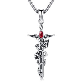 YueYuan Sword Necklace 925 Sterling Silver Gothic Rose/Skull/Snake Pendant with Cubic Zirconia Goth Jewellery Gifts for Women Men Valentine's Day Birthday, Sterling Silver, No Gemstone