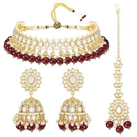 Aheli Gold Plated Maroon Kundan Beads Studded Choker Necklace Earrings and Maangtikka Set Ethnic Traditional Jewelry Gift for Women