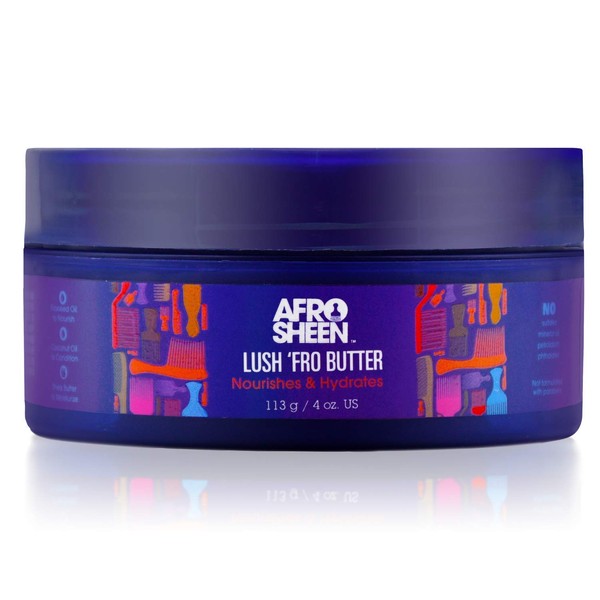 Afro Sheen Butter, Lush 'Fro Butter. Contains Shea Butter and Coconut oil to nourish & hydrate hair, scalp and beards. 4 Oz.
