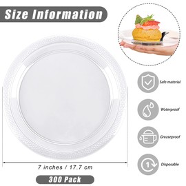 Breroa 300 Pack Clear Disposable Plastic Plates with Sticker 7 Inch Heavy Duty Round Plates Food Grade Solid Color Dinner Party Plates for Party Supplies, Dinner, Picnic