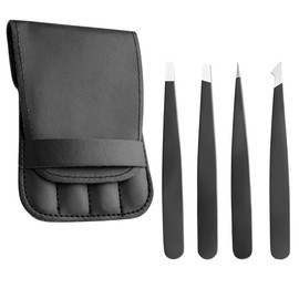 Eyebrow Tweezers 4 Piece Set with Leather Case - Professional Stainless Steel Tweezers for Ingrown Hair, Facial Hair Removal - Precision Flat, Angled, Pointed, and Slant Tweezers - Best for Travel