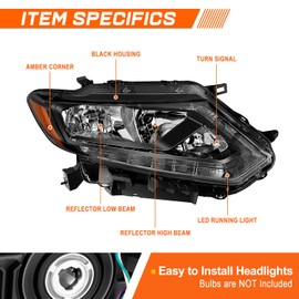 PM PERFORMOTOR Headlight Assembly Compatible with 2014 2015 2016 Nissan Rogue, OE Factory Style Projector Headlamp with Black Housing Amber Corner, Passenger Right Side