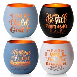 Christian Gifts for Men, Glass Candle Holders Set, Blue Tealight Votive Holders with Bible Verses, Religious Birthday Gifts for Dad, Brother, Son, Him, Coworker, Unique Spiritual Gifts for Men