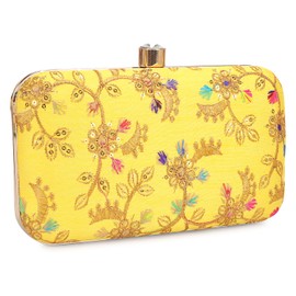 LONGING TO BUY Hand Crafted Designer Box Clutch For Women, Zari Embroidery Clutch For Women (Yellow Multi-2)