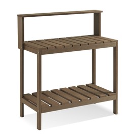 Psilvam Outdoor Poly Lumber Potting Bench, Polystyrene Garden Table with Storage Shelves, All-Weather Patio Work Station for Gardening(Brown)