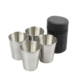 Yueton Set of 4 Stainless Steel Shot Cups Drinking Vessel with Black Leather Carrying Case (70ml)