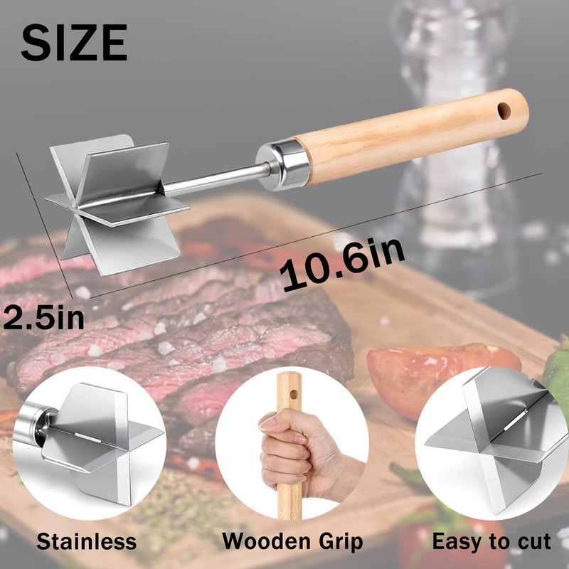 Stainless Steel Meat Chopper, Heavy Duty Mashing Head & Wooden