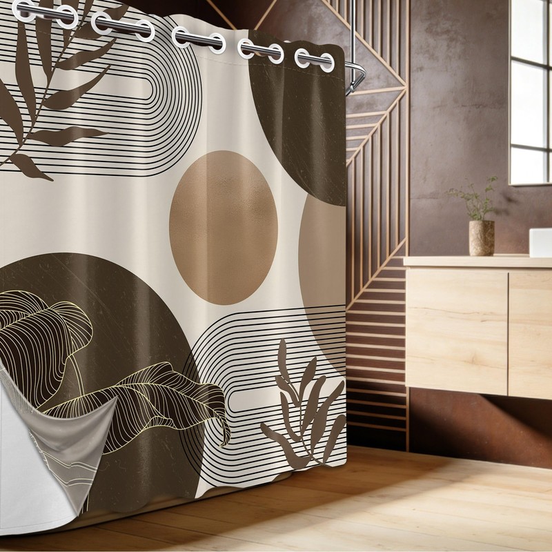 Keeuy Brown and Beige Hookless Shower Curtain with Snap-in Liner,