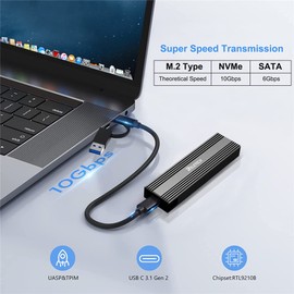 Reletech M.2 SSD Portable USB3.1 Type-C 10Gps Hard Drive case, Supports NVMe/SATA Two protocols, Suitable for MacBook SSD Enclosure Gen 2 (10 Gbps) to NVMe PCI-E M.2 SSD Case (Black)