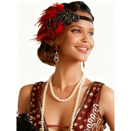 1920s Flapper Feather Headband with Rhinestones Beaded Great Gatsby Headpiece for Women Showgirl Halloween Cosplay Party (Wine red, Medium)