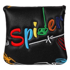 Golf Square Mallet Putter Cover Magnetic Heel-Shaft Headcovers Colorful Spider Pattern Black PU Leather