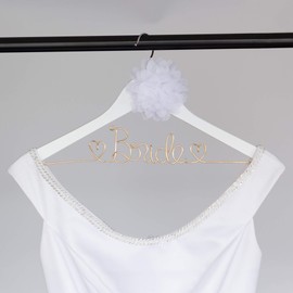 Ella Celebration Bride to Be Wedding Dress Hanger Wooden and Wire, Accented with Beads and a Bow Bridal Hangers for Brides (White with Rose Gold Wire and Rose Gold Beads)