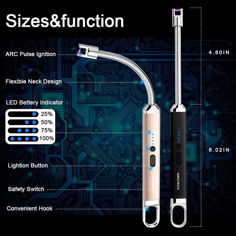 ARECTECH Electric Arc Candle Lighter Flameless Rechargeable USB Long Lighters